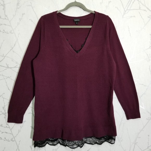 Torrid Burgundy Cotton V-Neck Lace Trim Sweater - Picture 2 of 5